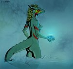 anthro breasts feathers female flower green_body horn nipples nude partially_submerged plant red_stripes reflection solo standing standing_in_water stripes water water_lily yellow_eyes gronnulv microsoft the_elder_scrolls shii-za_(gronnulv) argonian scalie hi_res sketch