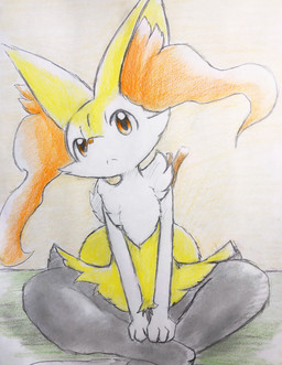 :< ambiguous_anthro ambiguous_gender anthro biped crossed_legs front_view head_tilt looking_at_viewer simple_background sitting snout solo eiroru nintendo pokemon braixen canid generation_6_pokemon mammal pokemon_(species) 2019 colored_pencil_(artwork) colored_sketch full-length_portrait graphite_(artwork) hi_res japanese_description portrait sketch traditional_media_(artwork) translated_description