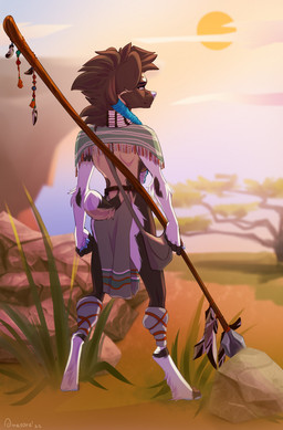 5_fingers anthro breasts brown_body brown_fur brown_hair clothed clothing day detailed_background feet female fingers forest fur grass hair outside plant sky solo sun toes tree omesore african_wild_dog canid canine mammal 2022 digital_media_(artwork) hi_res