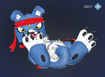anthro auto_foot_lick feet foot_fetish foot_focus foot_lick foot_play licking lying male pawpads paws self_lick solo tongue the-cog bandai_namco digimon digimon_(species) gaomon hi_res