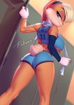 2021 anthro basketball_uniform blonde_hair blue_eyes breasts buckteeth butt clothed clothing digital_media_(artwork) eyelashes female gloves hair handwear hi_res inside lagomorph leporid locker_room lola_bunny looking_at_viewer looking_back looking_back_at_viewer looney_tunes mammal pakwan008 rabbit scut_tail shirt short_tail signature small_butt smile solo sportswear tail teeth topwear towel under_boob uniform warner_brothers