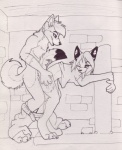 anthro bottomless bottomwear bottomwear_down clothed clothing duo female female_penetrated from_behind_position male male/female male_penetrating male_penetrating_female outside pants pants_down partially_clothed penetration sex tail tongue tongue_out celestialwolfen larka_novaine canid canine canis mammal wolf