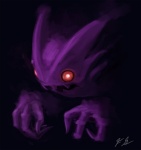 black_background floating_hands male nightmare_fuel purple_body red_eyes simple_background solo graveyardshift nintendo pokemon generation_1_pokemon ghost haunter pokemon_(species) spirit undead