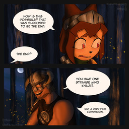 anthro armor beard blonde_hair blue_eyes brown_clothing brown_hair campfire clothing dialogue duo eyebrows eyelashes facial_hair female hair headgear helmet horn horned_helmet knight_helmet light-skinned_male light_body light_skin male moon muscular muscular_arms mustache night open_mouth shield short_hair text ethan-unfortunate bethesda_game_studios gameoverse glitch_productions microsoft skyrim the_elder_scrolls dovahkiin kit_bodega domestic_cat felid feline felis human mammal 1:1 comic crossover english_text hi_res signature