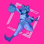 anthro ball barefoot basketball_(ball) blue_body blue_eyes blue_fur bottomwear breasts clothed clothing cute_fangs dolphin_shorts fangs feet female fluffy fluffy_tail fur hair happy jacket looking_at_viewer navel open_mouth shorts soles solo tail teeth toes topwear pizzacat brand_new_animal studio_trigger michiru_kagemori canid canine mammal raccoon_dog tanuki 1:1 hi_res