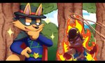 angry anthro black_bars cape clothing duo ears_through_headwear fire forest hand_on_hip hat headgear headwear kerchief lasso male mask plant pose smug_grin tree messer-aramis kaiketsu_zorori beat_(kaiketsu_zorori) zorori canid canine fox mammal 2020 absurd_res hi_res letterbox