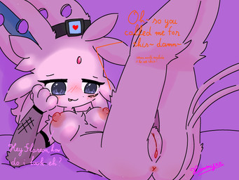 4_fingers anthro anthrofied anus armwear bed black_nose blue_inner_ear blush breasts clothing electronics eyelashes facial_scar female fingers fishnet_armwear fishnet_clothing fur furniture genitals gloves gloves_only handwear handwear_only hole_in_ear legs_up looking_at_object looking_at_phone lying mostly_nude narrowed_eyes nipples nude nude_anthro nude_female on_back on_bed phone pink_anus pink_background pink_body pink_ears pink_fur pink_nipples pink_tail pink_vulva pokemorph purple_eyes scar simple_background solo tail talking_to_another text vulva conditional_dnp xammyxx nintendo pokemon fan_character eeveelution espeon generation_2_pokemon pokemon_(species) 2026 4:3 digital_media_(artwork) english_text hi_res ibispaint_(artwork) shaded signature watermark