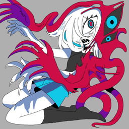 3_eyes body_horror bottomwear clothing female footwear grey_background multi_arm multi_eye multi_limb sharp_teeth simple_background skirt socks solo teeth 87sukiyaki humanoid monster 1:1 hi_res