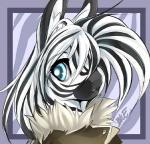 anthro big_eyes black_body black_fur black_hair black_stripes blue_eyes border brown_clothing brown_topwear clothed clothing fur hair long_hair looking_at_viewer male outside_border pattern_background purple_border simple_background solo striped_background striped_body striped_fur stripes topwear white_body white_fur white_hair peritian stripes_(character) equid equine mammal zebra 2010 digital_media_(artwork) headshot_portrait icon portrait signature