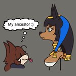 1:1 anbs-02 anthro black_hair black_nose blue_eyes breasts brown_body brown_fur brown_hair bust_portrait canid canine canis domestic_dog dori_(fastfroob) duo egyptian fastfroob female fur hair hair_over_eyes headdress hi_res jackal mammal meme my_ancestor! portrait tagme thought_bubble tongue tongue_out zenonzard