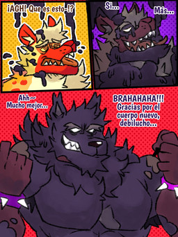 anthro armpit_hair armpit_tuft body_hair fur male multicolored_body multicolored_fur muscular muscular_anthro muscular_male orange_eyes pecs possession purple_body purple_fur slime text white_eyes >wolf_(lrick152) canid canine canis goo_creature hyena mammal wolf comic hi_res spanish_description spanish_text translated