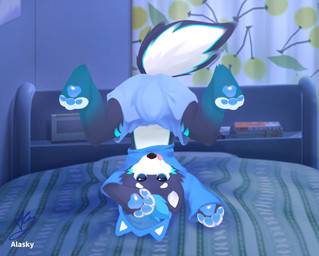 anthro ass_up bed biped black_eyes blep blue_body blue_bottomwear blue_clothing blue_eyes blue_fur blue_hair blue_hoodie blue_shorts blue_topwear blush blush_lines bottomwear bulge clothing fur furniture hair hoodie kemono male on_bed shorts shota slim_anthro slim_male solo tail tail_motion tailwag tongue tongue_out topwear white_body white_fur young young_anthro young_male fur_alasky canid canine canis domestic_dog husky mammal nordic_sled_dog spitz 2021 hi_res