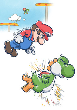 ambiguous_gender blue_clothing blue_eyes blue_overalls brown_hair clothed clothed_human clothed_male clothing duo facial_hair footwear fully_clothed fully_clothed_human fully_clothed_male gloves green_body green_tail hair handwear hat headgear headwear jumping male midair multicolored_body mustache orange_clothing orange_footwear orange_shoes overalls red_clothing red_hat red_headwear red_shell red_shirt red_topwear shell shirt shoes short_hair tail tan_body tan_skin topwear white_body chameleon_ch elec_shoots_granolah_(meme) mar10_day mario_bros nintendo mario yoshi_(character) green_yoshi human mammal yoshi 2026 absurd_res hi_res meme