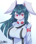 anthro big_breasts blush breasts female fur green_hair hair looking_at_viewer red_eyes simple_background smile solo white_background white_body white_fur arumo lagomorph leporid mammal rabbit 2019 half-length_portrait hi_res portrait