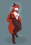 anthro black_sclera breasts eyeshadow female fur hair half-closed_eyes hand_on_hip hooves horn looking_at_viewer makeup multi_nipple narrowed_eyes nipples nude orange_body orange_fur orange_hair solo krim_hue krim_(krim_hue) chimera hybrid absurd_res hi_res