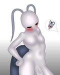 antennae_(anatomy) anthro arthropod_abdomen biped blush crossgender duo hand_on_hip male nude solo_focus vein white_body magalnik hollow_knight team_cherry iselda_(hollow_knight) arthropod humanoid insect 2022 4:5 hi_res