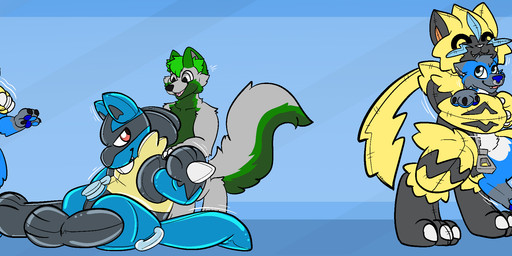 anthro blue_body blue_eyes blue_fur clothing costume duo fur furry_wearing_fursuit fursuit green_body green_fur grey_body hair handles_on_hips hug inside_clothing male plushie plushsuit pool_toy pool_toy_suit simple_background suiting suiting_up tail text three_frame_sequence transformation transformation_sequence trapped_in_clothing white_body white_fur yellow_body yellow_fur zeraora_costume zipper dizzydreadful nintendo pokemon fauxil_fox_(character) umbrawolf canid canine canis fox generation_4_pokemon generation_7_pokemon legendary_pokemon lucario mammal pokemon_(species) wolf zeraora 2025 absurd_res digital_media_(artwork) english_text hi_res long_image sequence wide_image