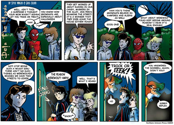 anthro black_hair blonde_hair brown_hair cat_costume clothed clothed_anthro clothed_female clothed_human clothed_male clothing costume dialogue ears_back eyewear fake_whiskers female fur grin group hair holidays jack-o'-lantern male night orange_body orange_fur outside pivoted_ears plant shrub smile sunglasses text tree trick-or-treating vampire_costume young young_female young_human young_male style_wager dela_the_hooda halloween marvel spider-man_(series) dela_aldershaw canid canine fox hooda human mammal 2004 comic english_text