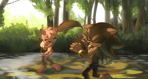 anthro back_spines bangle black_body black_nose countershade_torso countershading duo featureless_crotch feet female fluffy fluffy_chest forest_background glistening glistening_nose gold_bangle hair head_tuft jewelry leaf male markings nude open_mouth open_smile outside partially_submerged plant pointed_tail pointy_ears prick_ears quills_(anatomy) red_markings short_hair smile toes tongue tree tuft twitter_handle water wet fstar0_2 sega sonic_the_hedgehog_(series) amy_rose shadow_the_hedgehog eulipotyphlan hedgehog mammal hi_res signature
