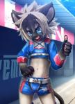 anthro black_body black_fur black_hair blue_eyes bottomwear clothed clothing fur grey_body grey_fur grey_hair hair hotpants looking_at_viewer male navel open_mouth pose shorts solo standing young young_anthro kemorate len_(kemorate) domestic_cat felid feline felis mammal 2016