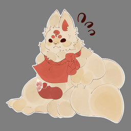 animal_genitalia animal_penis anthro balls big_balls bodily_fluids canine_genitalia canine_penis cheek_tuft circle_eyebrows cum cum_on_penis eyebrows facial_markings facial_tuft feet forehead_markings front_view fur genital_fluids genitals head_markings male markings monotone_body monotone_fur mostly_nude neck_tuft nervous nervous_sweat overweight overweight_anthro overweight_male pawpads paws penis pointy_ears prick_ears scarf scarf_only simple_background solo sweat tuft white_body white_fur viahonie asian_mythology chinese_mythology east_asian_mythology fabulous_beasts fenz_(studio) mythology shota_(fabulous_beasts) canid canine fox fox_spirit mammal mythological_creature 1:1 2026 absurd_res digital_media_(artwork) hi_res portrait
