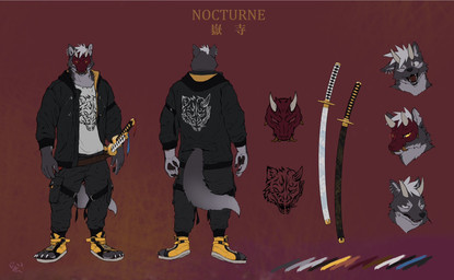 2_horns 4_toes annoyed anthro black_bottomwear black_claws black_clothing black_hoodie black_pants black_topwear bottomwear claws clothed clothed_anthro clothed_male clothing color_swatch countershade_arms countershade_face countershade_fur countershade_hands countershade_torso countershading ear_piercing ear_ring fangs feet finger_claws fingerpads footwear front_view fully_clothed fully_clothed_anthro fully_clothed_male fur furgonomic_bottomwear furgonomic_pants furgonomics glowing_pupils grey_body grey_fur grey_inner_ear_fluff hair half-closed_eyes head_horn hoodie horn inner_ear_fluff katana looking_at_viewer male mask melee_weapon mouth_closed multiple_angles multiple_poses narrowed_eyes notched_ear one_eye_closed open_mouth open_smile pants pawpads piercing pose print_clothing print_hoodie print_shirt print_topwear pupils rear_view red_background red_mask ring_piercing sheathed_sword shirt shoes simple_background slit_pupils smile solo sword tail teeth text toe_claws toeless_footwear toeless_shoes toes tongue_showing topwear tuft weapon wearing_mask white_claws white_clothing white_hair white_horn white_sclera white_shirt white_topwear wink yellow_clothing yellow_eyes yellow_footwear yellow_shoes racoonwolf nocturne_(nocturnewolf) canid canine canis mammal wolf 2023 character_name full-length_portrait headshot_portrait hi_res model_sheet portrait