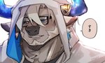 anthro brown_body brown_fur clothing eyewear facial_hair fur glasses hair hood hoodie horn male muscular muscular_anthro smile solo text topwear white_hair frog0x0 lifewonders tokyo_afterschool_summoners bigfoot_(tas) bovid bovine cattle mammal hi_res japanese_text