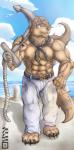 abs anchor anthro athletic beach belt biceps big_muscles biped black_nipples black_pawpads blue_eyes bottomwear brown_body brown_fur brown_hair brown_nose chest_tuft claws clothed clothing denim denim_bottomwear denim_clothing detailed_background front_view fur grin hair jeans kerchief male muscular muscular_anthro muscular_male nipples outside pants pawpads paws pecs pier pose sand sea seaside sky smile solo standing tan_body tan_fur toe_claws topless tuft water cinna-tree canid canine canis mammal wolf hi_res