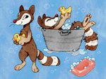 ambiguous_gender anthro bath bathing black_eyes blue_background brown_body brown_fur bubble bubble_bath duo eyes_closed fur holding_object holding_rubber_duck markings nude pawpads paws red_nose rubber_duck simple_background smile soap solo_focus standing striped_markings striped_tail stripes tail tail_markings wash_basin whiskers white_sclera gemfeathers sanrio landry_(sanrio) pea_(sanrio) mammal procyonid raccoon digital_media_(artwork) full-length_portrait hi_res portrait