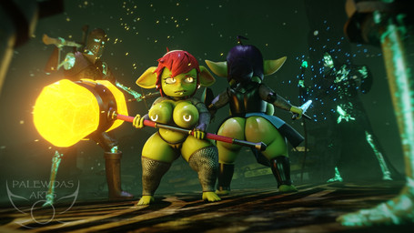 4_fingers amber_eyes areola armor atmosphere atmospheric_perspective belly bevor big_breasts big_butt big_ears biped blush bodily_fluids bone breasts butt chainmail clothed clothing ear_piercing ear_ring exposed_breasts faceplate fantasy female female_humanoid fingers footwear genitals giant_hammer green_body hair hammer holding_object holding_weapon knight maul melee_weapon nipple_piercing nipples oversized_weapon paladin partially_clothed piercing poster purple_hair red_hair ring_piercing shield shortstack skeleton slightly_chubby sweat sword thick_thighs tools unconvincing_armor vulva warrior weapon palewdas_arts palewdasarts_(modeler) enna_(palewdasarts) mina_(palewdasarts) goblin humanoid undead 16:9 3d_(artwork) digital_media_(artwork) hi_res tagme wallpaper widescreen