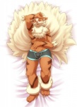 anthro boxer_briefs clothing dakimakura male pokemorph red_eyes simple_background solo underwear white_background biri riot41 nintendo pokemon arcanine canid canine generation_1_pokemon mammal pokemon_(species) dakimakura_design