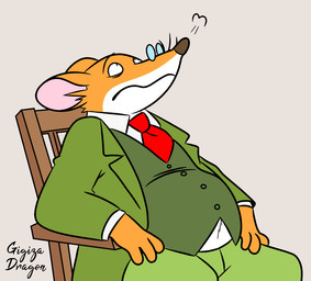 anthro belly bottomwear chair clothing eyewear furniture glasses male overweight overweight_male pants shirt sitting solo topwear gigizadragon geronimo_stilton_(series) geronimo_stilton mammal mouse murid murine rodent 2025