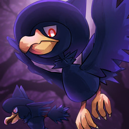 3_toes ambiguous_gender beak black_body black_feathers black_wings claws duo feathered_wings feathers feet feral flying forest looking_at_viewer looking_down looking_down_at_viewer midair mouth_closed open_mouth outside plant pseudo_clothing pseudo_hat pupils red_eyes scuted_legs scutes solo_focus spread_wings tail tail_feathers toe_claws toes tree white_claws white_pupils wings yellow_beak yellow_scutes spicyichizo nintendo pokemon avian bird generation_2_pokemon murkrow pokemon_(species) 1:1 2025 absurd_res hi_res shaded