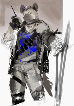 anthro bottomwear claws clothing ear_piercing electronics eyebrow_piercing facial_piercing fingerless_gloves fur gloves hair handwear holding_object holding_walkie-talkie jacket male markings pants piercing shirt simple_background solo spots spotted_body spotted_fur t-shirt tail topwear walkie-talkie 0_0ffline arknights hypergryph studio_montagne spot_(arknights) hyena mammal spotted_hyena 2026 absurd_res hi_res sketch
