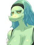 anthro big_breasts biped black_clothing black_hairband black_topwear breasts clothed clothed_anthro clothed_female clothing eyebrows female freckled_breasts freckled_face freckles front_view green_body green_hair green_scales grey_eyes hair happy long_hair looking_at_viewer scales simple_background smile snout solo topwear white_background yellow_sclera dark_rya cavemanon_studios i_wani_hug_that_gator olivia_halford baryonyx dinosaur prehistoric_species reptile scalie spinosaurid theropod 2024 3:4 artist_name bust_portrait colored hi_res portrait shaded