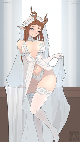 antlers blue_eyes brown_hair clothing dress female floral_print hair horn legwear lingerie looking_at_viewer panties qr_code solo text thigh_highs underwear white_clothing white_dress white_legwear white_panties white_thigh_highs white_underwear leartni liya_(narikusha) animal_humanoid deer deer_humanoid humanoid mammal mammal_humanoid 9:16 absurd_res hi_res url