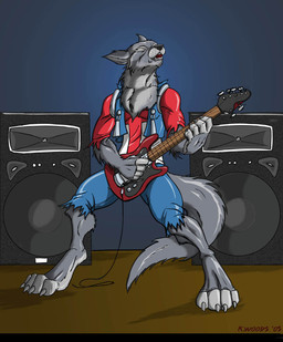 amplifier anthro bottomwear claws clothed clothing electric_guitar fully_clothed guitar holding_object male musical_instrument pants paws playing_guitar playing_music plucked_string_instrument shirt solo speaker string_instrument tail teeth topwear black-rat canid canine canis mammal wolf