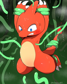 2_toes 3_fingers ambiguous_anthro ambiguous_gender anthro arms_above_head biped blue_eyes blush blush_lines bodily_fluids claw_fingers claws clenched_teeth cross-popping_vein fangs feet fingers fire flaming_tail glistening glistening_eyes green_background green_tentacles imminent_rape imminent_sex multicolored_body nude nude_ambiguous nude_anthro red_body restrained restrained_by_tentacles simple_background solo sweat sweaty_body sweaty_chest sweaty_face sweaty_legs tail tail_grab tapering_tail teeth tentacle_around_leg tentacle_around_tail tentacles tentacles_around_arms text toe_claws toes two_tone_body white_claws yellow_body garakuta033 nintendo pokemon charmeleon generation_1_pokemon pokemon_(species) reptile scalie 2022 absurd_res artist_name digital_media_(artwork) hi_res japanese_description