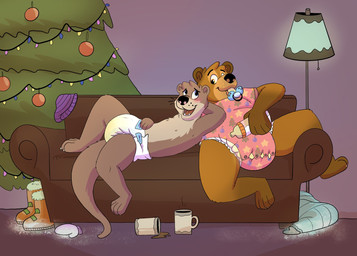 ageplay anthro baby_bodysuit baby_bottle beverage black_nose blush bodily_fluids brown_body brown_fur christmas_decorations christmas_lights clothed clothing container cup detailed_background diaper diaper_under_clothing diaper_under_onesie duo exposed_diaper footwear fur genital_fluids holidays infantilism jacket lamp long_tail male milk object_in_mouth onesie ornament pacifier pacifier_in_mouth roleplay shoes snapsuit snow tail topless topwear unclean_diaper urine used_diaper wearing_diaper wet_diaper wetting bottlebear christmas manor_(bottlebear) sly_the_space_otter bear mammal mustelid otter 2019 digital_drawing_(artwork) digital_media_(artwork) hi_res