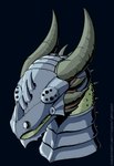 armor black_background covered_eyes feral gorget green_body green_scales head_spikes headgear helmet horn male neck_spikes obscured_eyes plate_armor scales simple_background solo spiked_armor spiked_helmet spikes spikes_(anatomy) text mitokep mythology dragon mythological_creature mythological_scalie reptile scalie 2022 absurd_res bust_portrait hi_res portrait url