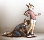 anthro assisted_exposure blush bottomwear bottomwear_down bulge clothed clothing duo embarrassed humiliation male pants pants_down pantsing partially_clothed public public_humiliation underwear iztli bryce_(lonewolfhowling) spencer_(lonewolfhowling) canid canine canis dingo domestic_dog mammal digital_media_(artwork) hi_res shaded