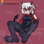 black_nails clothed clothing colored_nails feet female horn legwear nails not_furry red_eyes solo stockings reathroch helltaker malina_(helltaker) demon demon_humanoid horned_humanoid humanoid hi_res