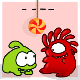 1_eye ambiguous_gender candy dessert duo eye_contact food green_body looking_at_another not_furry red_body rope simple_background smile tan_background translucent translucent_body nakeilyar cut_the_rope jelly_defense mr._jellicious om_nom food_creature goo_creature living_candy 1:1 hi_res