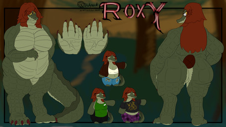 anthro apron belly big_belly big_breasts big_butt big_tail bottomwear breasts butt claws clothing denim denim_bottomwear denim_clothing female green_body hair huge_tail jacket jeans leather leather_clothing leather_jacket leather_topwear looking_back neon_sign overweight pajamas pants red_hair sign simple_background solo tail thick_thighs topwear wolf_cut yellow_eyes vvitchpunk crocodile crocodilian reptile scalie 16:9 4k absurd_res hi_res model_sheet widescreen