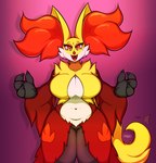 anthro big_breasts breasts claws eyelashes female fur inner_ear_fluff looking_at_viewer markings mature_anthro mature_female mole_(marking) navel open_mouth red_eyes simple_background slightly_chubby smile solo standing tail tail_motion tailwag tuft mahoxy nintendo pokemon canid canine delphox generation_6_pokemon mammal pokemon_(species) hi_res