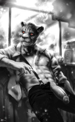 abs anthro big_penis bottomwear cigarette clothed clothing genitals glans male navel nipples open_clothing open_shirt open_topwear pants penis pose red_eyes shirt smoking solo suspenders topwear vein veiny_penis whisker_spots whiskers the_v00d00 echo_(series) echo_project the_smoke_room samuel_ayers cougar felid feline mammal absurd_res black_and_white hi_res monochrome pinup