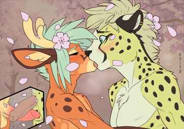 accessory anthro anthro_on_anthro antlers ball_tuft balls blonde_hair blush blush_lines bodily_fluids cherry_blossom circumcised circumcision_scar dripping duo ear_piercing ears_back erection eyes_closed femboy flower flower_in_hair foreskin frottage fur genitails genital_fluids genital_scar genitals green_eyes green_hair hair hair_accessory horn humanoid_genitalia humanoid_penis inner_ear_fluff interspecies kiss_on_lips kissing male male_anthro markings multicolored_body multicolored_fur nude orange_body orange_fur partially_retracted_foreskin penile penis penises_touching piercing pivoted_ears plant precum precum_drip predator/prey prunus_(flower) pubes romantic romantic_couple scar sex spots spotted_body spotted_fur surprised tongue tuft yellow_body yellow_fur acinothecheetah acino stephen_wintre cheetah deer felid feline mammal 2026 digital_drawing_(artwork) digital_media_(artwork)