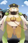 anthro balls belly blush bound clothing detailed_background flaccid genitals hat headgear headwear kemono male outside overweight overweight_male penis pubes rope solo inugamihito lifewonders live_a_hero procy canid canine canis domestic_dog mammal 2023 hi_res