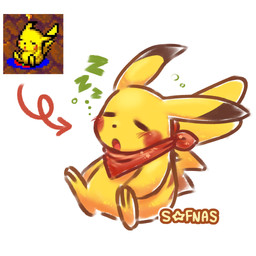 black_body black_fur blush brown_body brown_fur directional_arrow eyes_closed female feral fur kerchief open_mouth pattern_background red_cheeks simple_background sitting sleeping smile solo sparkles white_background yellow_body yellow_fur sofnas nintendo pokemon pokemon_mystery_dungeon spike_chunsoft generation_1_pokemon mammal pikachu pokemon_(species) rodent 1:1 absurd_res hi_res signature