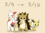 ambiguous_gender feral fur group markings red_markings tail white_body white_fur ciagoma ちゃゴマ jolteon_day nintendo pokemon pokemon-specific_day sandshrew_day sandslash_day zangoose_day eeveelution generation_1_pokemon generation_3_pokemon jolteon pokemon_(species) sandshrew sandslash zangoose 2010 4:3